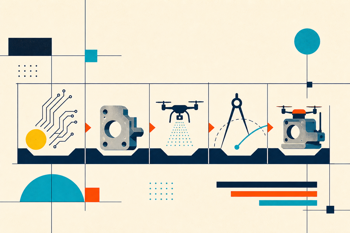 Abstract Swiss-style illustration showing an idea moving through circuitry, drone testing, drafting and machined parts