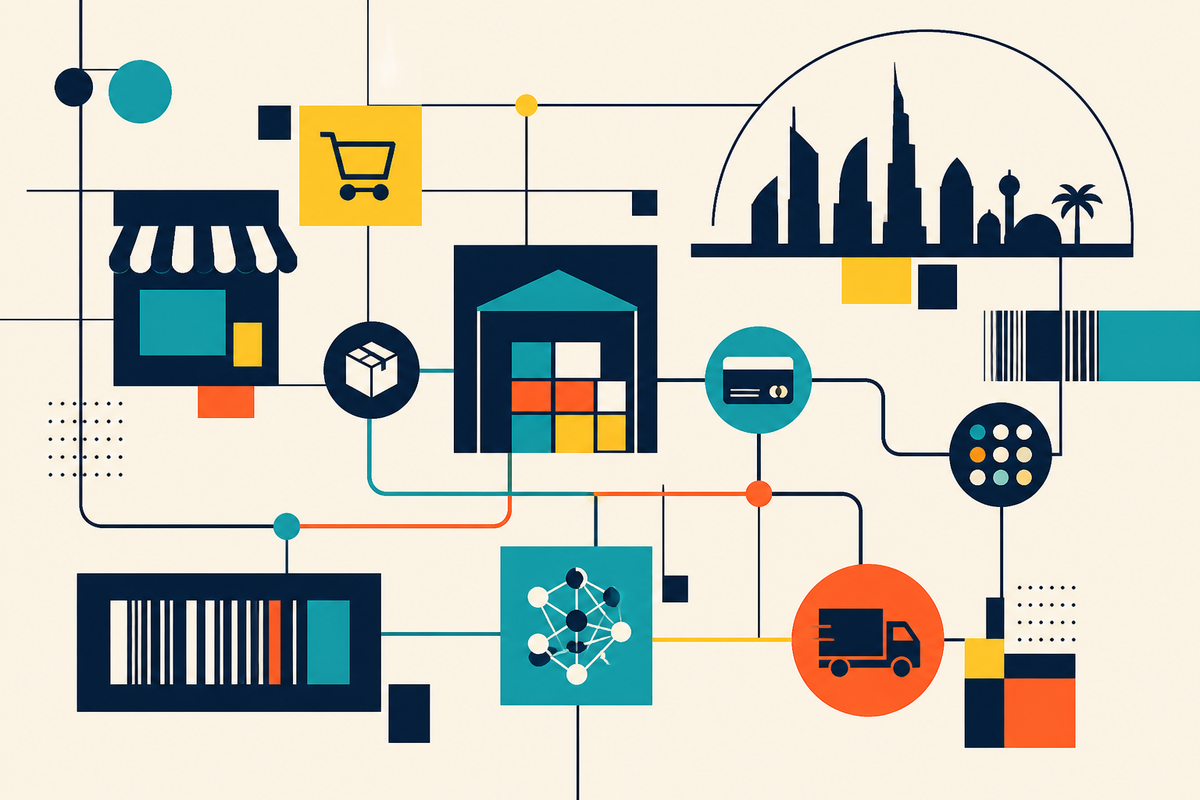 Abstract geometric illustration of storefront, warehouse, payments, data and delivery connected across a Gulf skyline