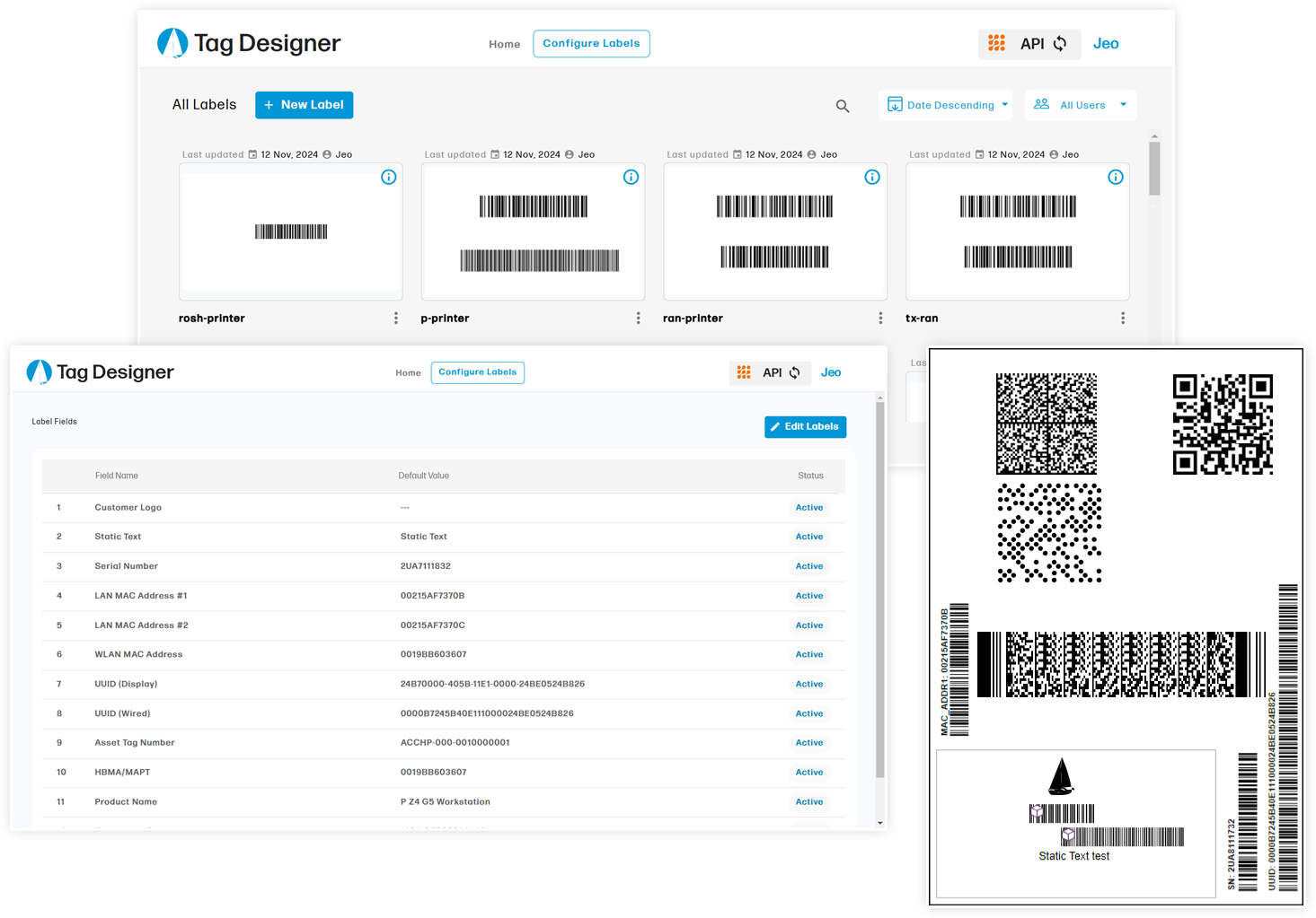 Label designer application showing configurable fields, label templates and a barcode label preview