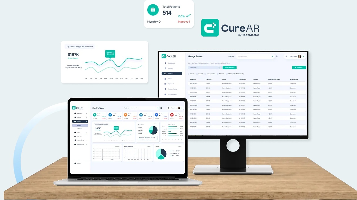 CureAR promotional illustration showing billing dashboards on a laptop and desktop monitor