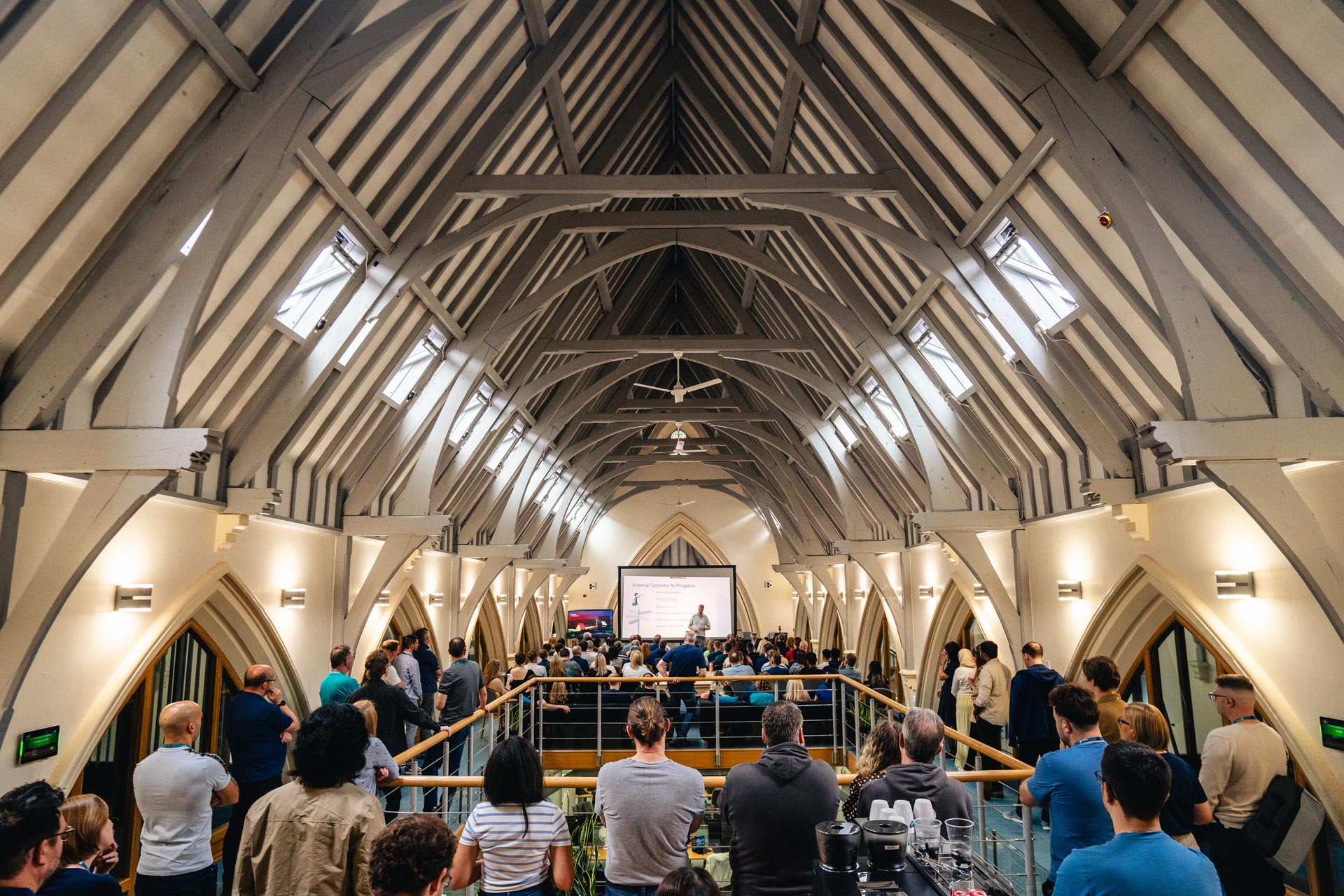 Tecman employees gathered beneath the timber roof of St Mark’s Church for a company meeting