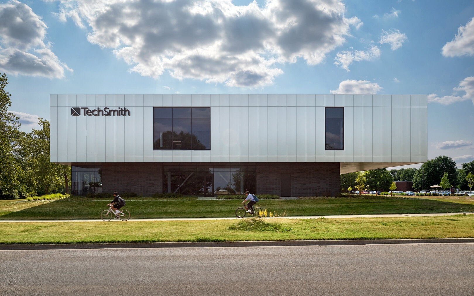 Exterior of TechSmith’s modern headquarters on the Michigan State University campus