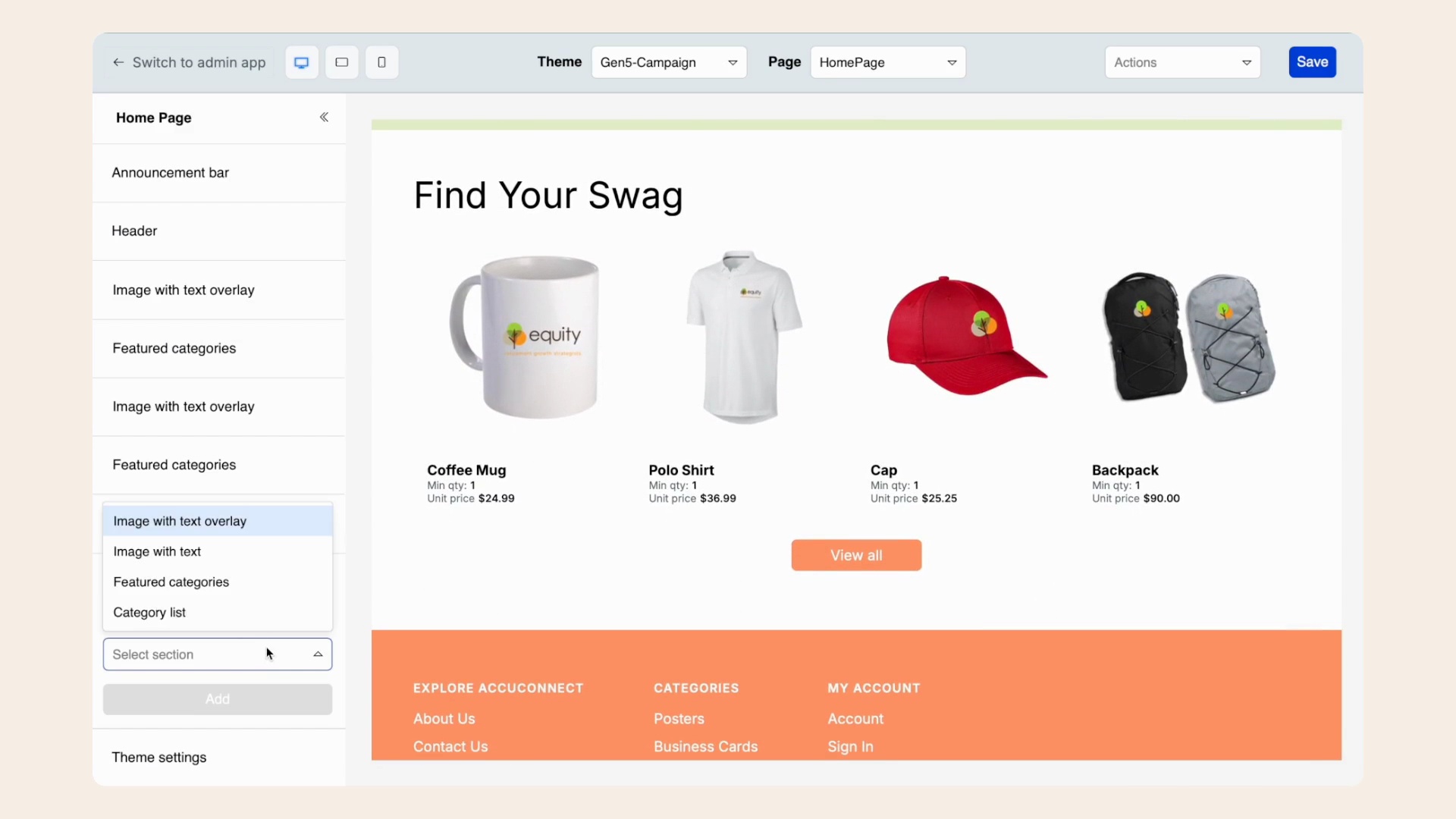 AccuConnect Gen5 demo showing a storefront editor with personalized merchandise