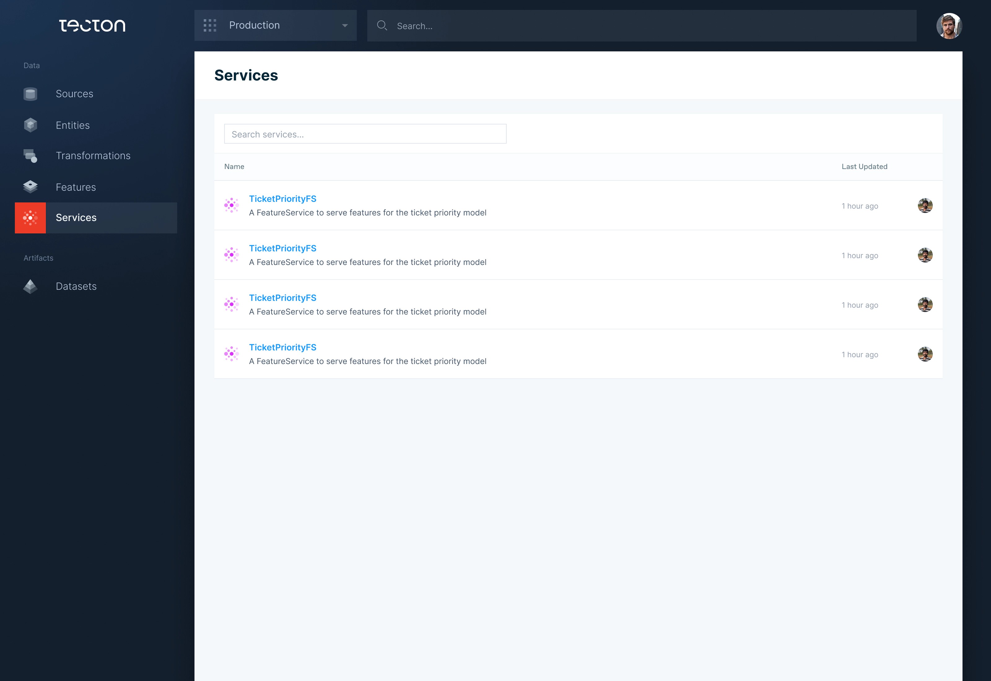 Tecton product interface listing feature services in a production workspace