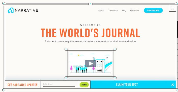 Narrative’s early website describing a content community that rewards creators and moderators