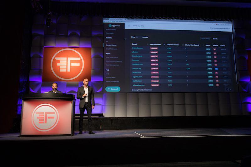 Ted Ross, right, presenting SpyCloud beside Chris LaConte at FinovateFall 2017