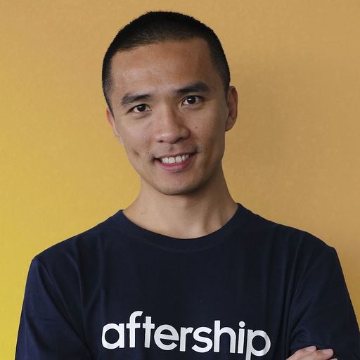 Teddy Chan, CEO and co-founder of AfterShip, in an AfterShip t-shirt against a yellow backdrop