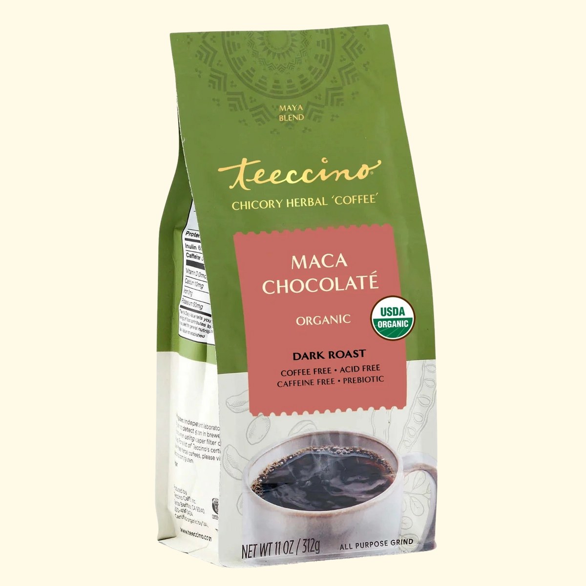 Teeccino Maca Chocolate herbal coffee package