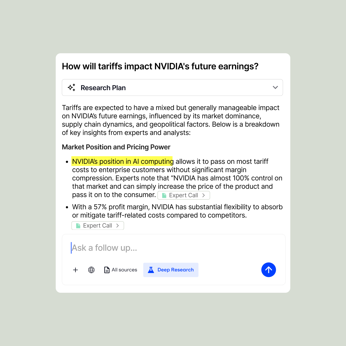 AlphaSense Deep Research interface answering a question about Nvidia tariffs with cited expert calls