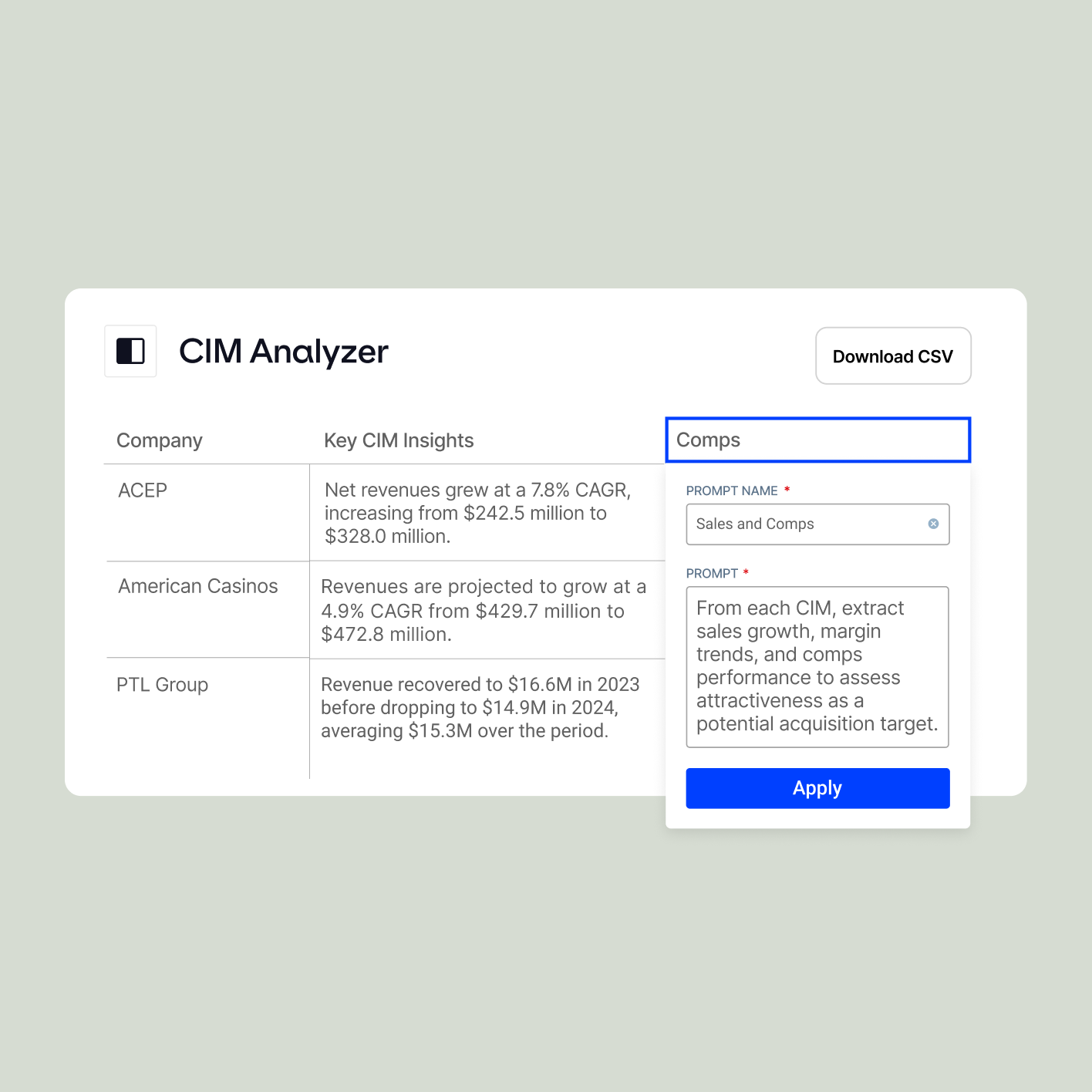 CIM Analyzer interface extracting sales, margins and comparable-company performance