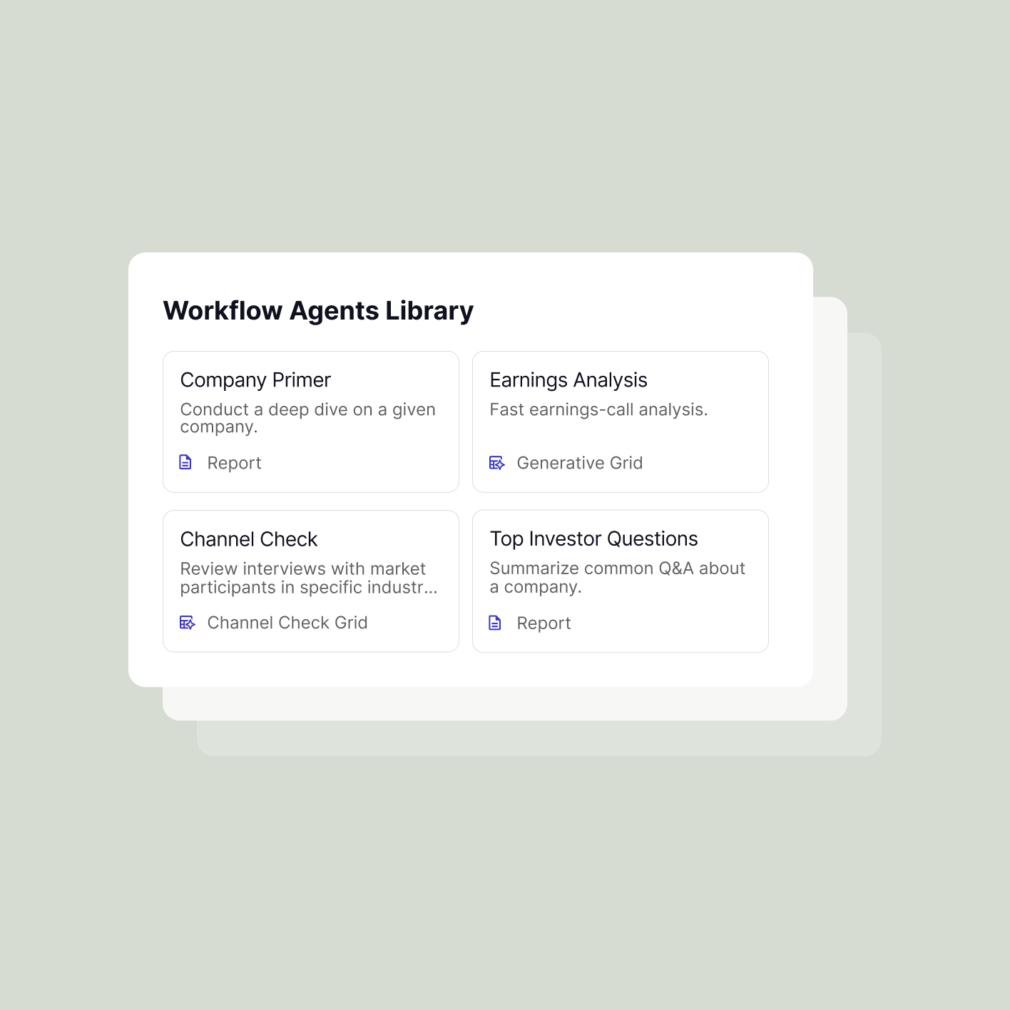 AlphaSense workflow agents library with company primer, earnings analysis, channel check and top investor question workflows