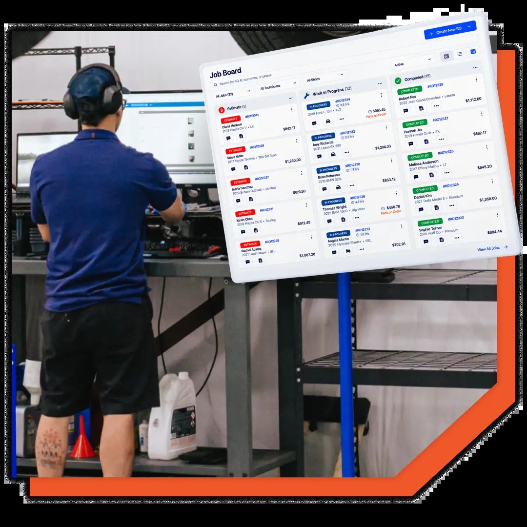 Tekmetric product image showing a technician at a workstation and the repair job board