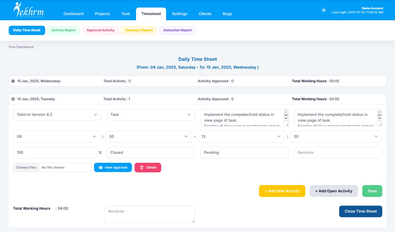TekHRM demo account showing a daily timesheet, project and task fields, approval activity, and work hours