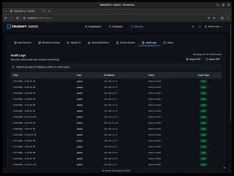 Telesoft IntSOC audit log interface showing security events and user activity