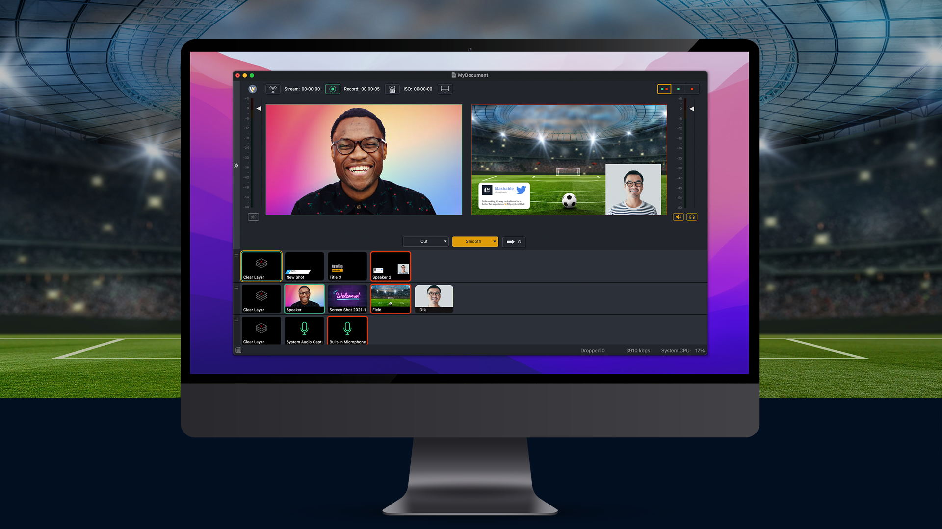 Wirecast live production interface with a presenter, remote guest, and sports footage