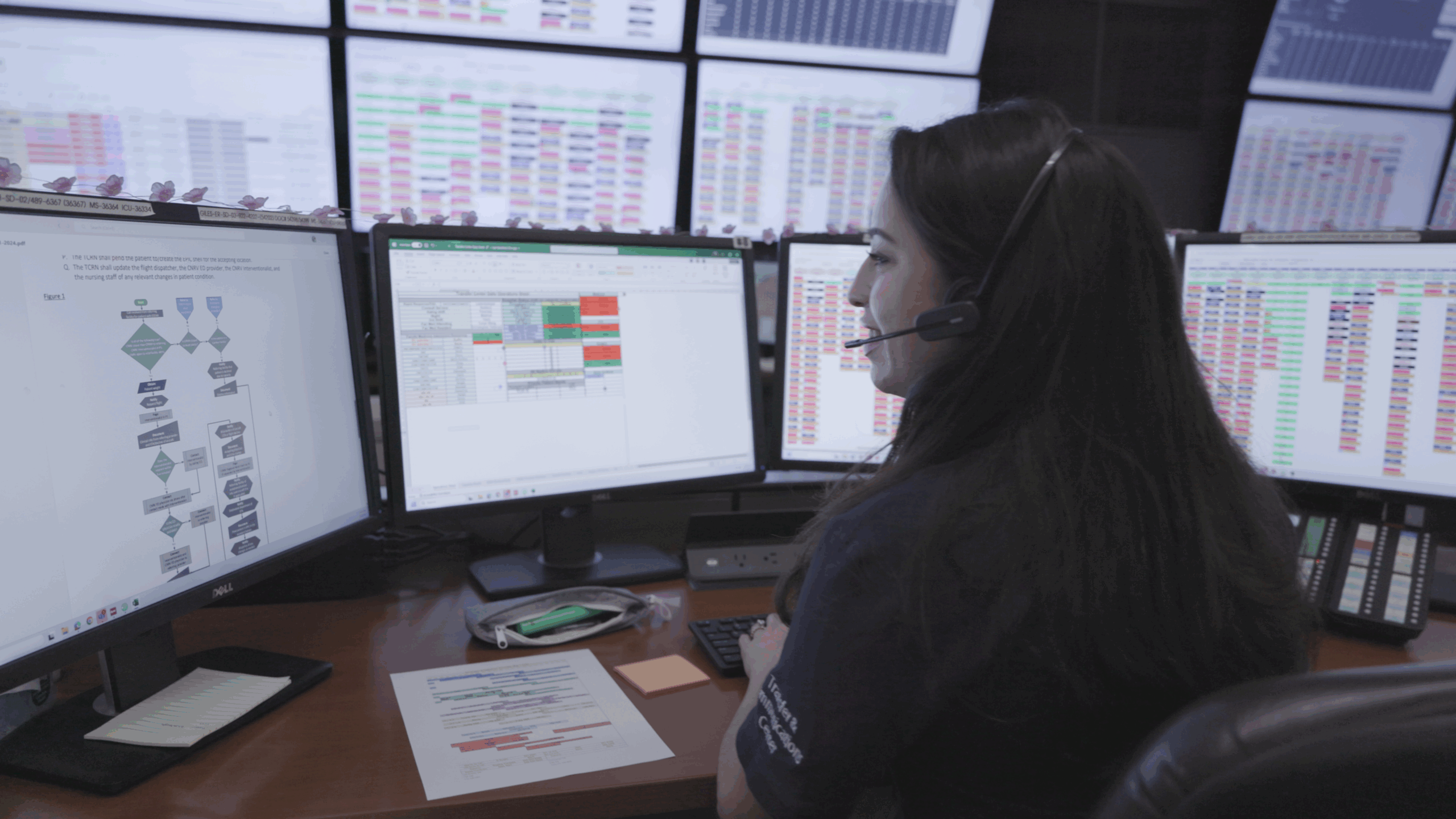 Carilion Clinic staff working in a patient-transfer and command centre with operational screens