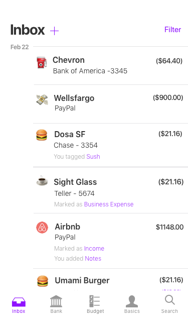 Historical Teller app inbox showing transactions from several financial accounts