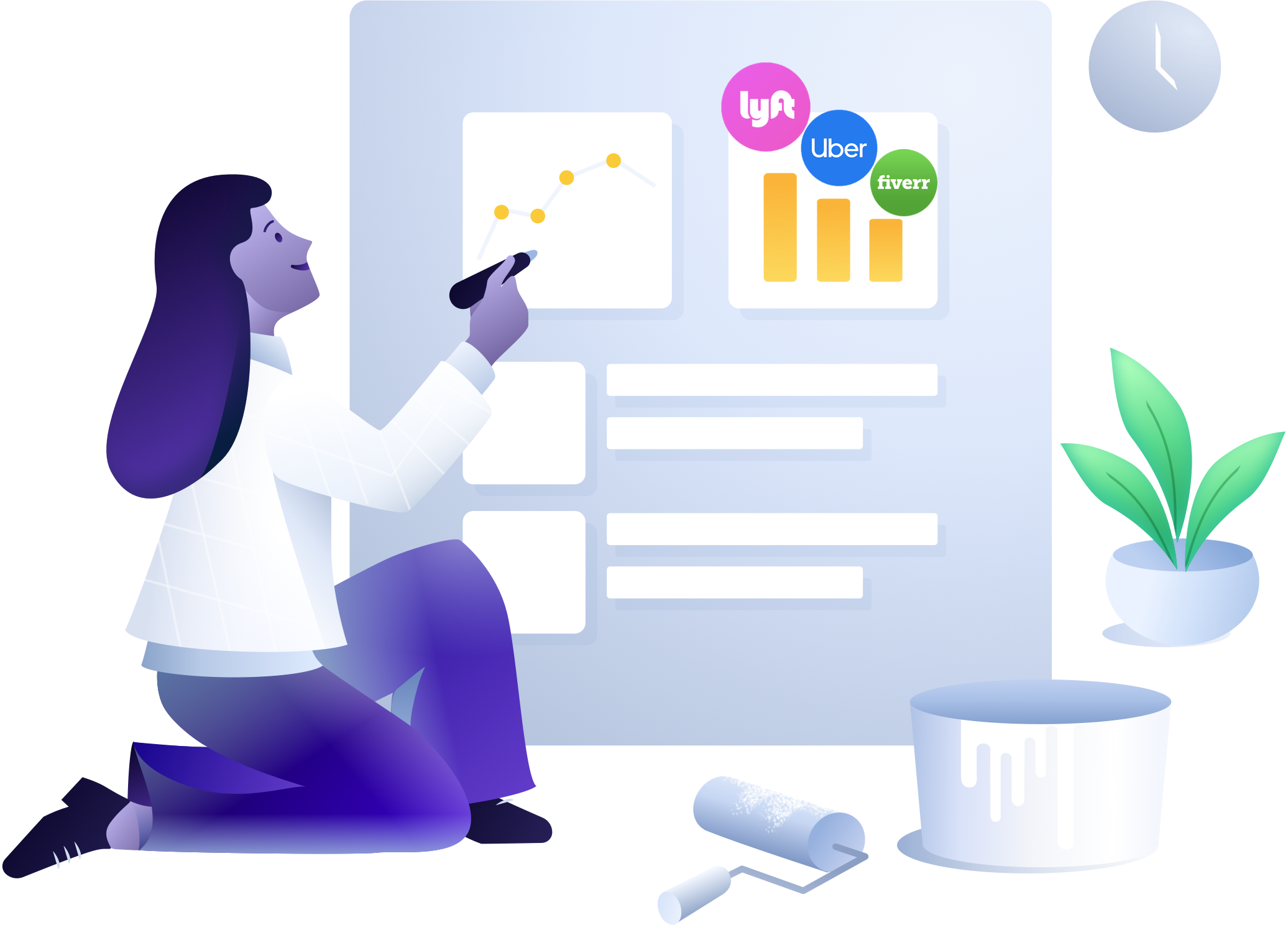 Teller illustration showing a worker reviewing income from several gig platforms