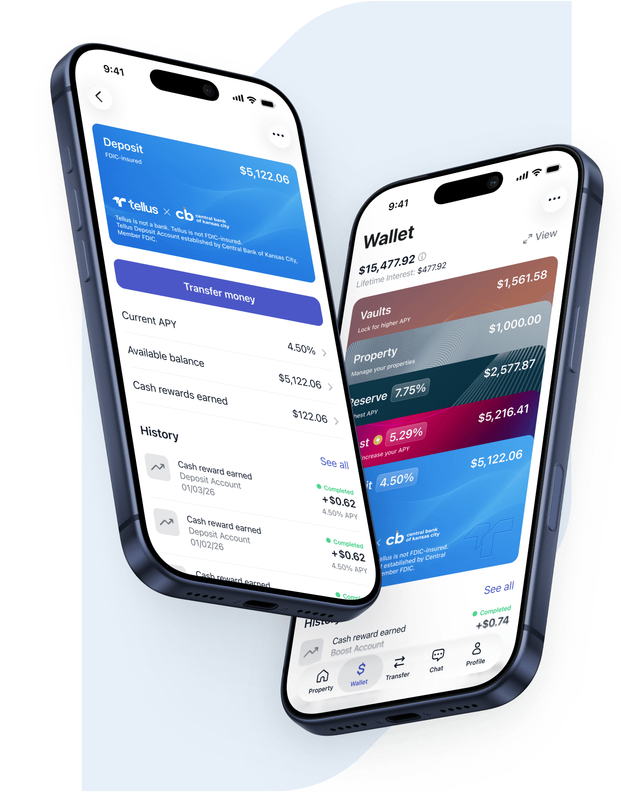 Tellus Deposit Account and wallet screens showing separate account options