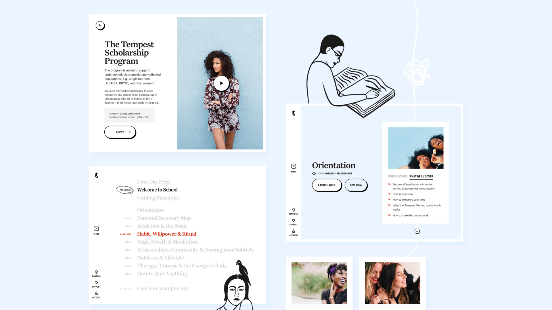Historical Tempest interface designs showing orientation, a course menu and a scholarship page