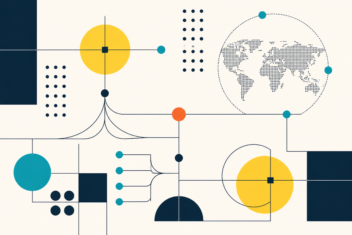 Abstract Swiss-style network of geometric nodes, routes and a dotted globe