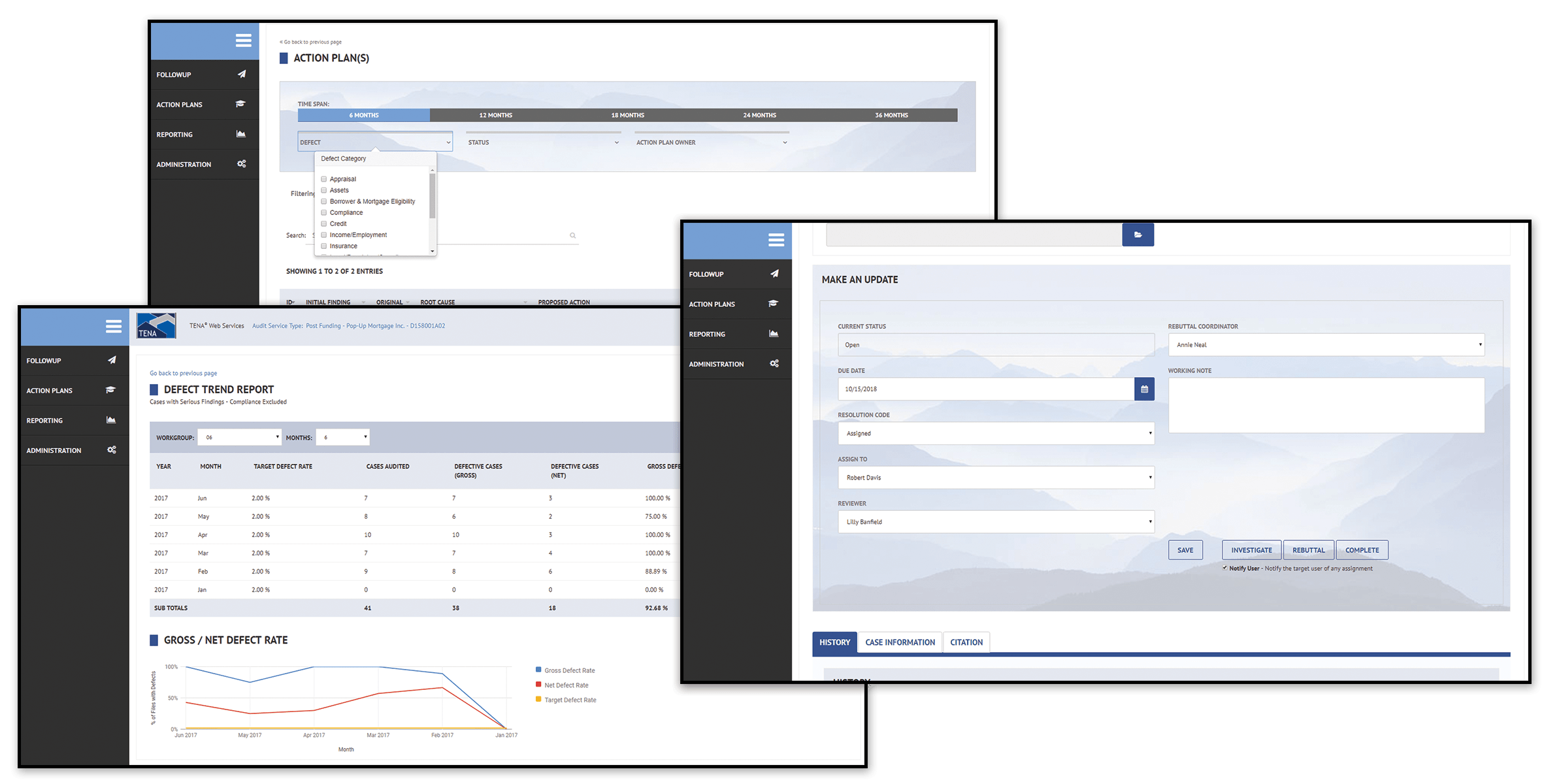 TENA Web Services product screenshots showing its audit workspace