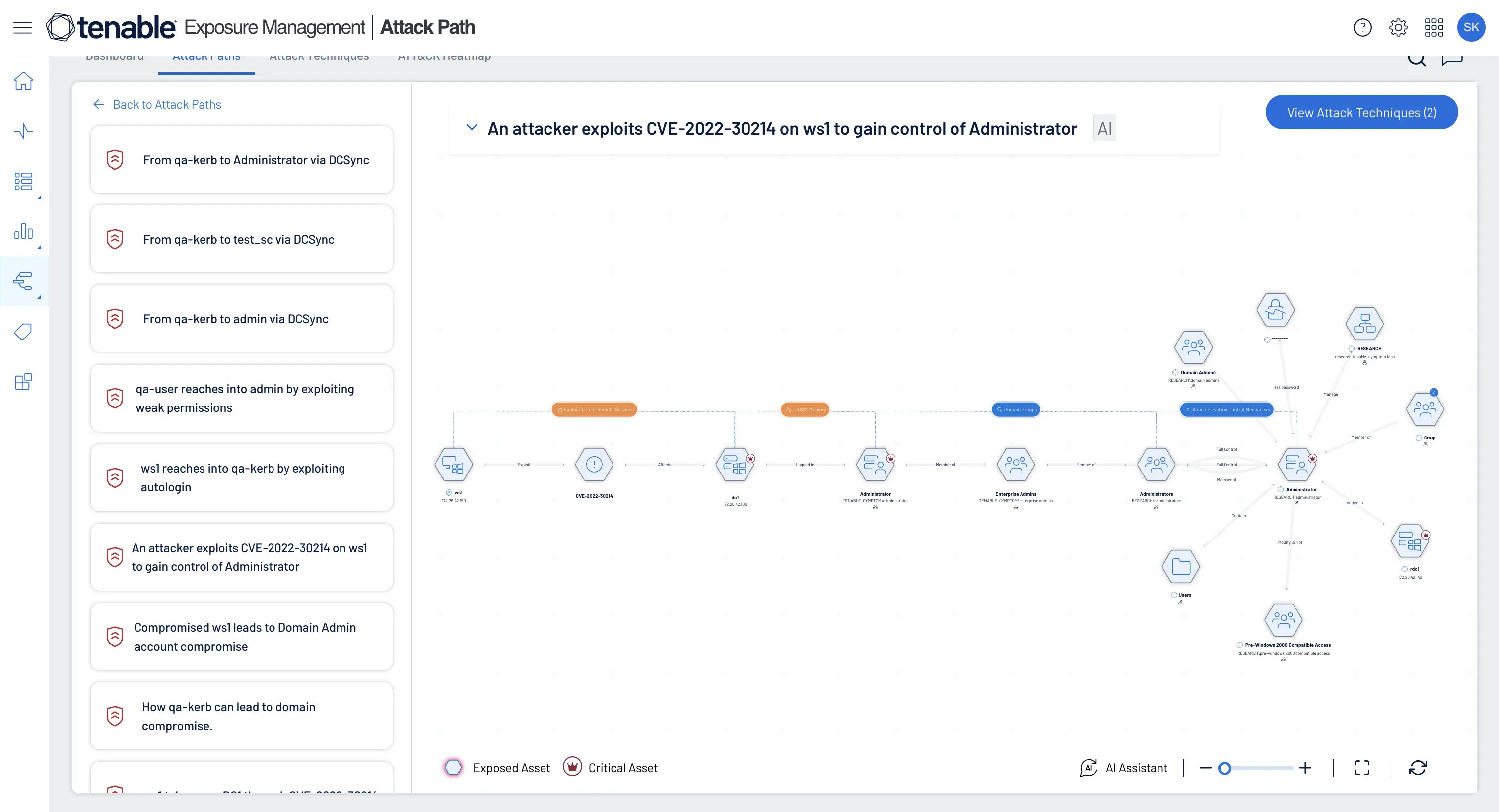 Tenable One Attack Path screen showing a route from a vulnerable workstation to an administrator account