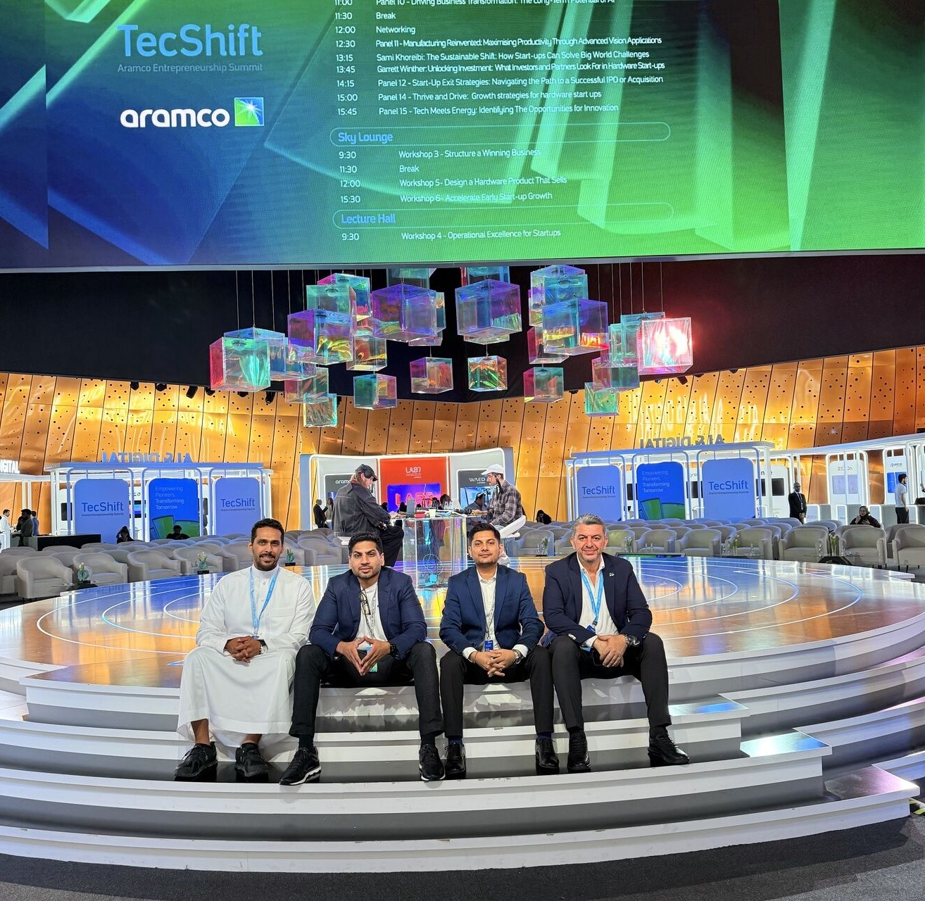 Four attendees at the TecShift Aramco Entrepreneurship Summit in a photograph published by TENDERD