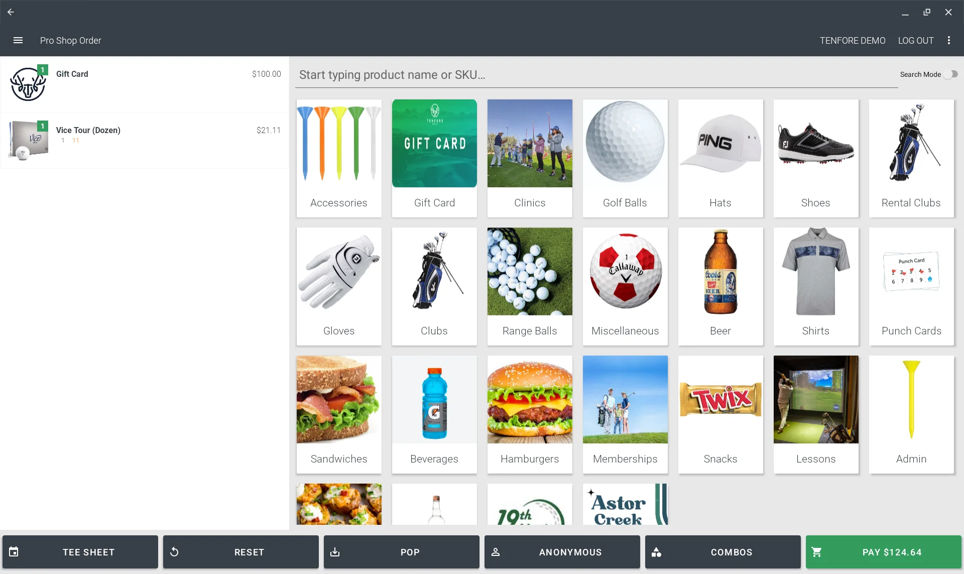 TenFore point-of-sale interface with retail products and a checkout ticket