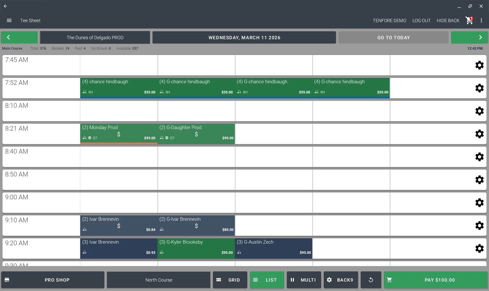TenFore’s tee sheet interface showing time slots, player bookings and course controls