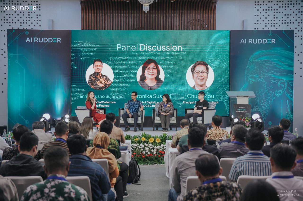 Panel discussion onstage at an AI Rudder VoiceGPT product launch