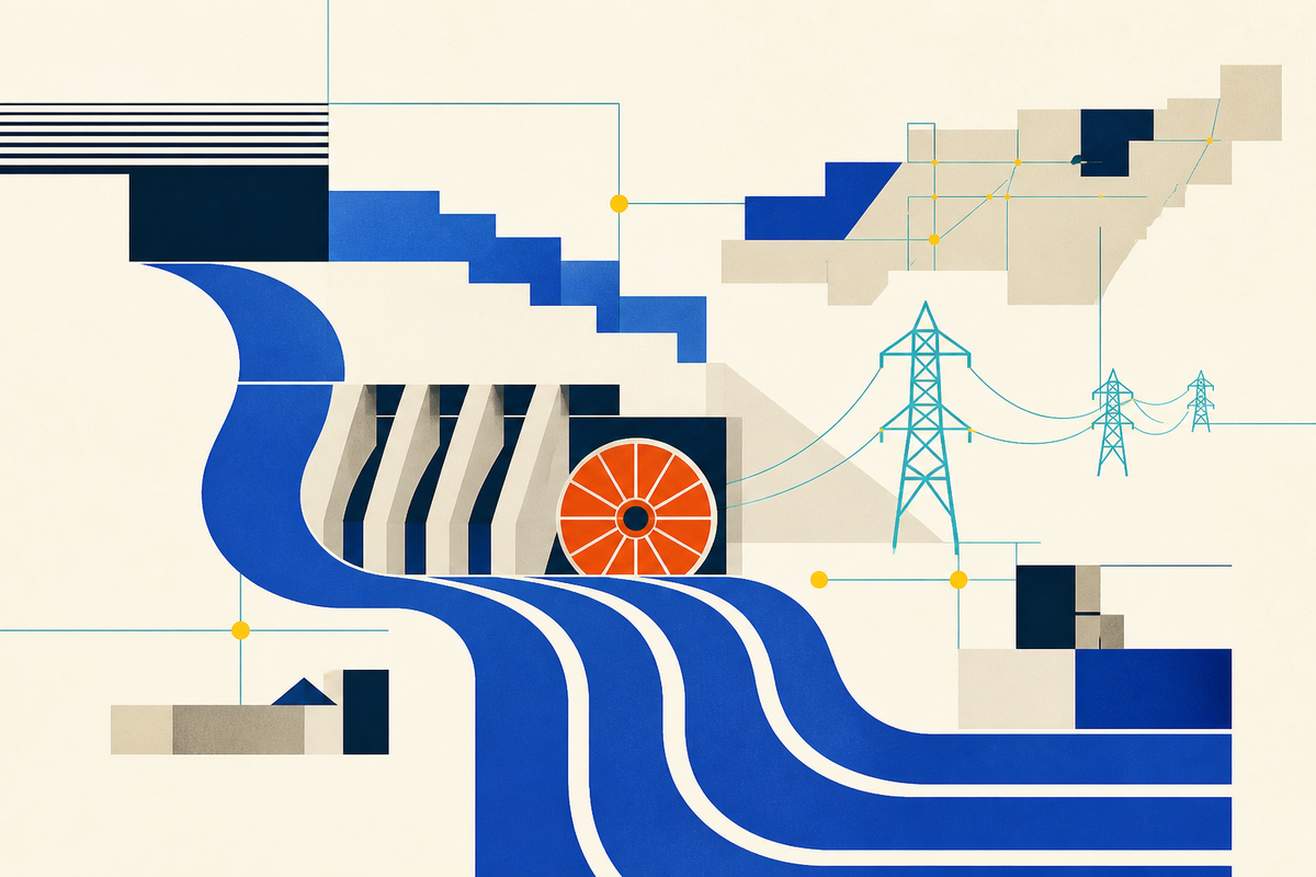 Abstract Swiss-style illustration of a river flowing through a dam toward an electric grid