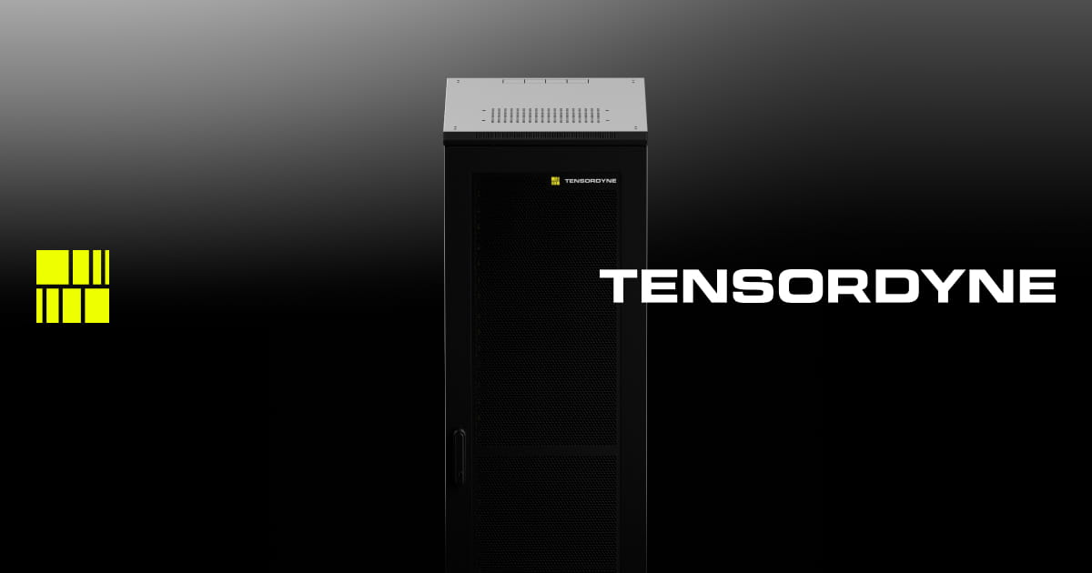 Tensordyne logo and Napier inference rack