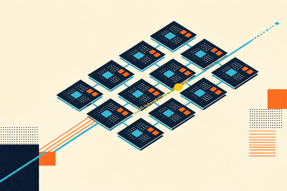 Abstract geometric illustration of networked processor tiles connected by cyan paths