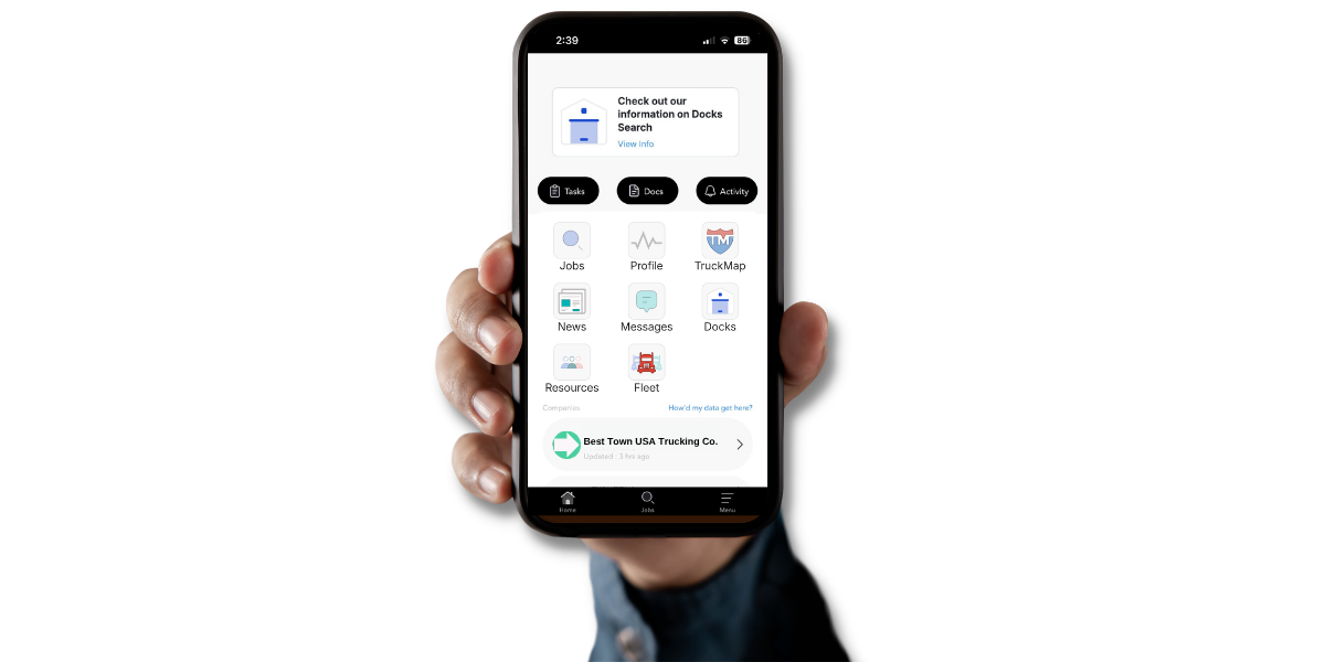 Driver Pulse app shown on a phone, with Jobs, Messages, TruckMap and Docks tools