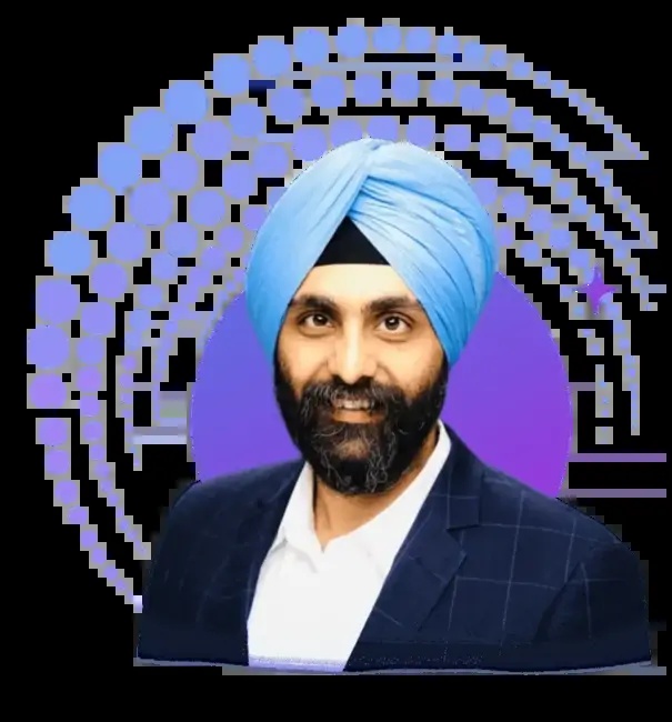 Andy Singh, founder and CEO of Teqfocus, wearing a blue turban and dark jacket