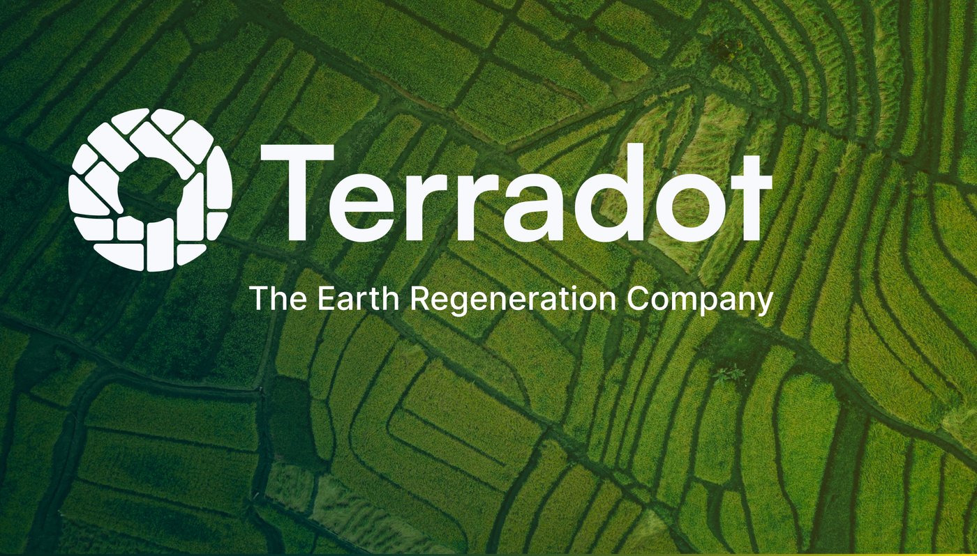 Terradot logo over aerial farmland - The Earth Regeneration Company