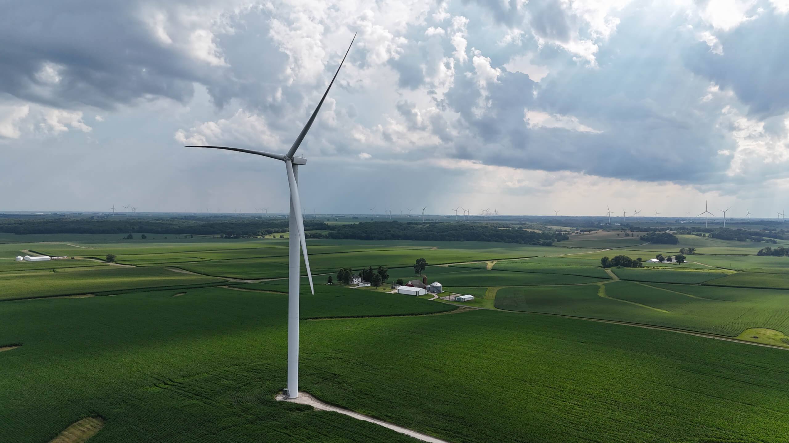 A wind turbine above green agricultural fields at Bishop Hill