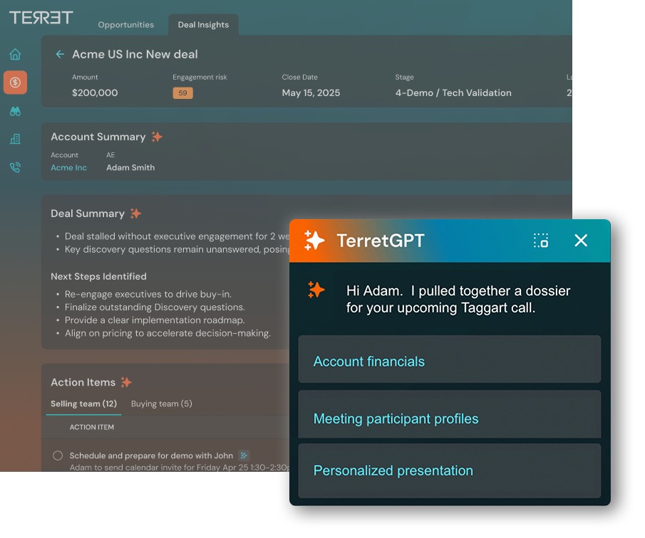 Terret product interface showing a deal summary, action items and TerretGPT assistant