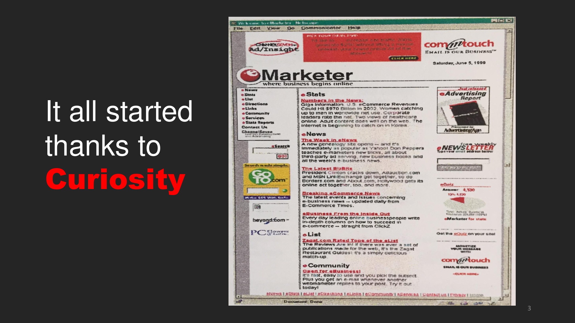 A slide from Terry Chabrowe's 2016 presentation showing an early EMARKETER website dated June 5, 1999