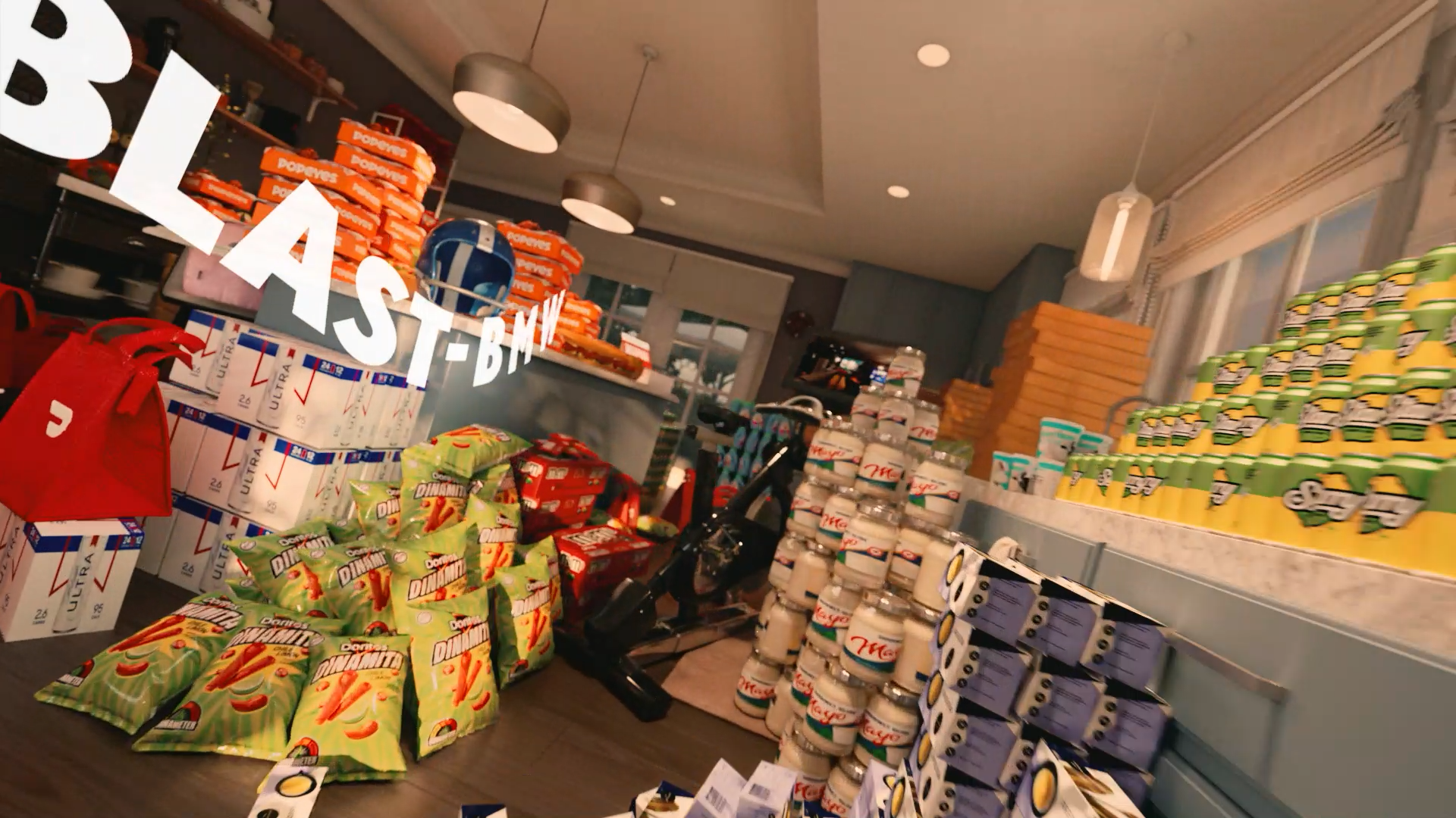 A computer-generated room packed with branded products and an oversized promotional code in the DoorDash campaign