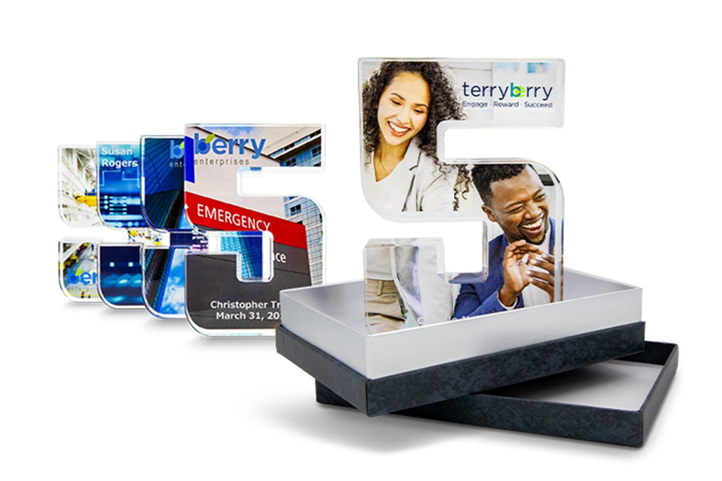 Personalized service milestone awards shaped as the number five, shown with presentation boxes