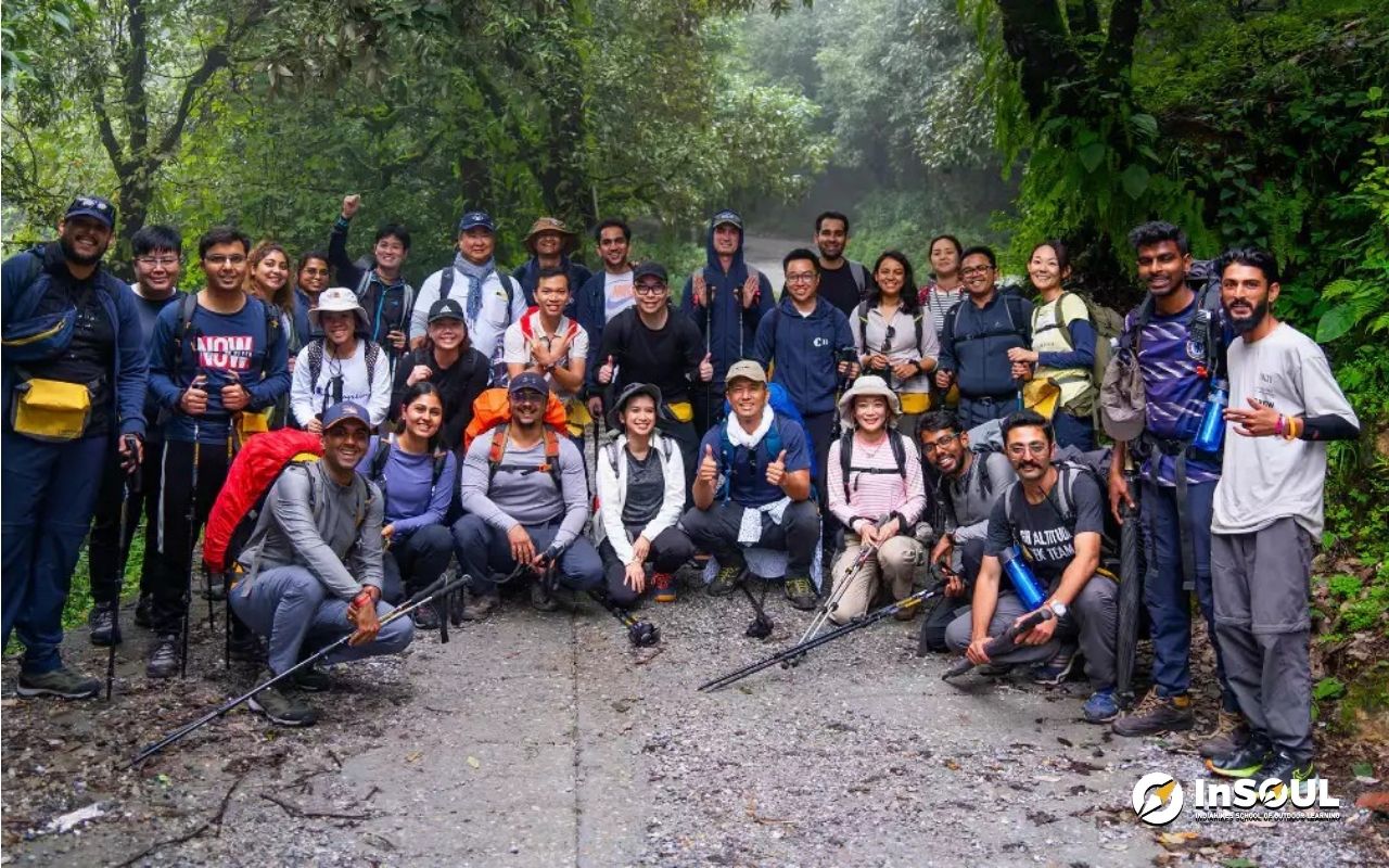 The BEENEXT team gathered on a forest path before its Benog Tibba trek