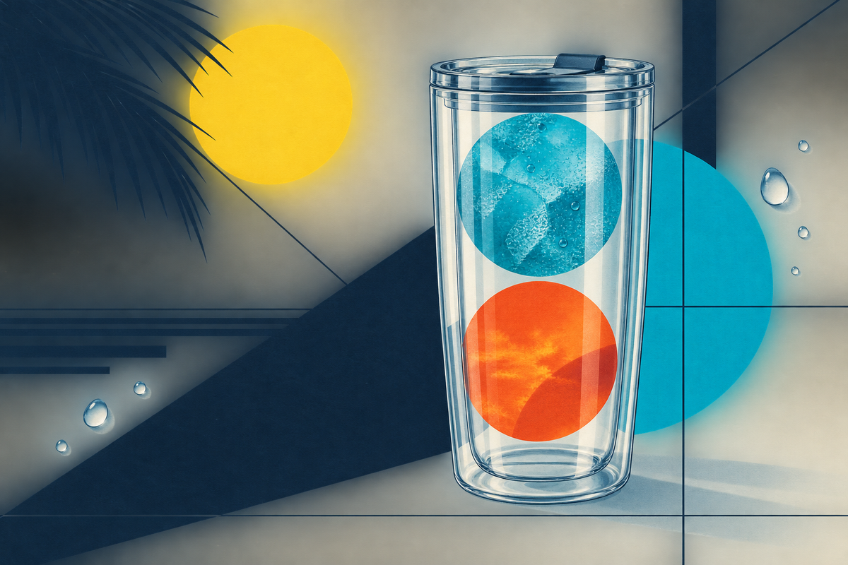 Abstract Swiss-style illustration of a clear double-wall tumbler separating hot and cold circles