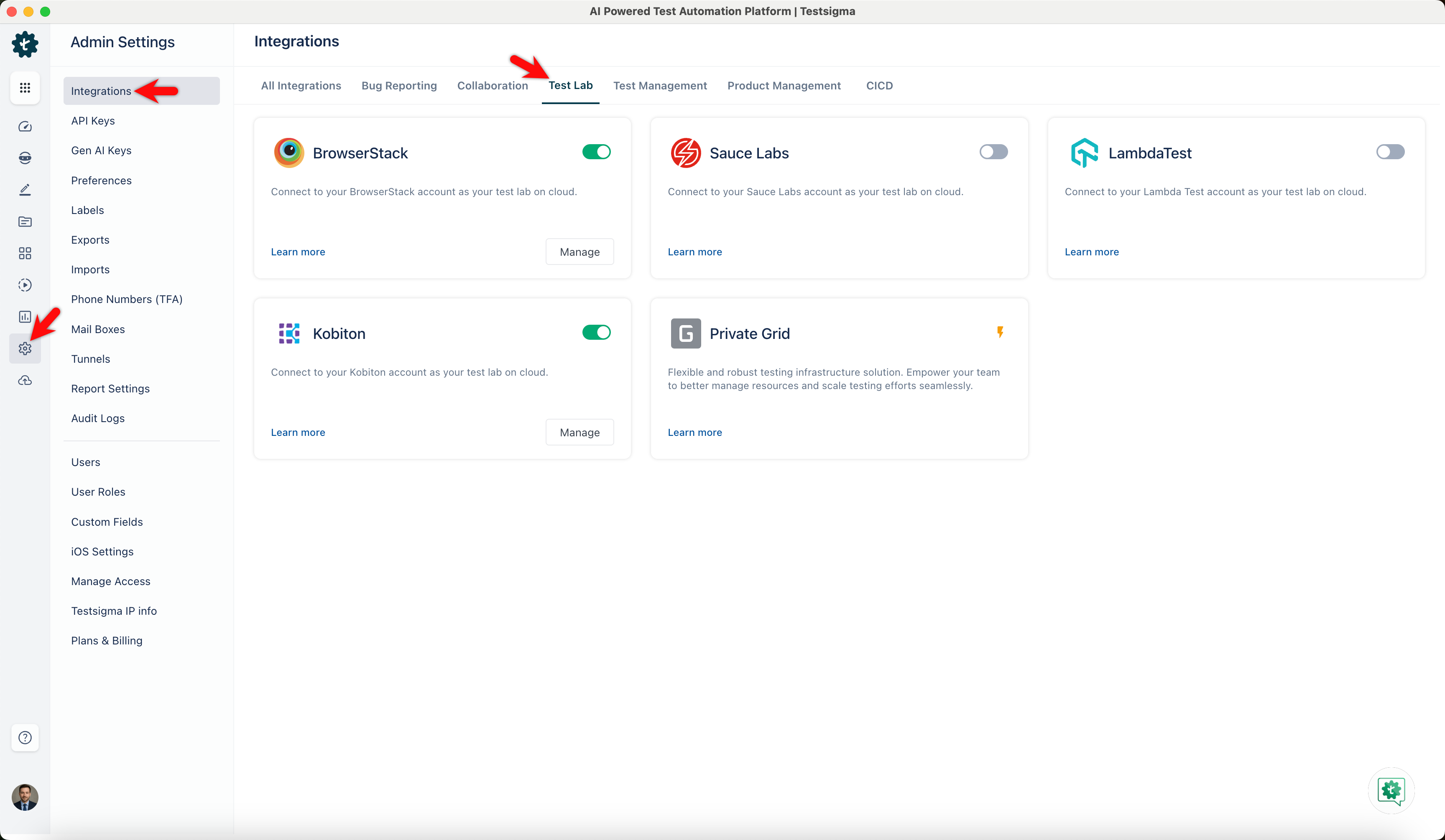 Testsigma test-lab settings showing BrowserStack, Sauce Labs, LambdaTest, Kobiton and Private Grid integrations