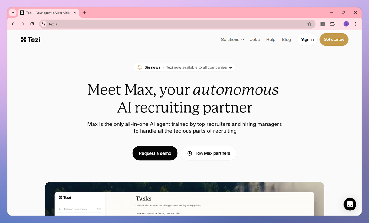 Tezi website showing Max, its autonomous AI recruiting partner