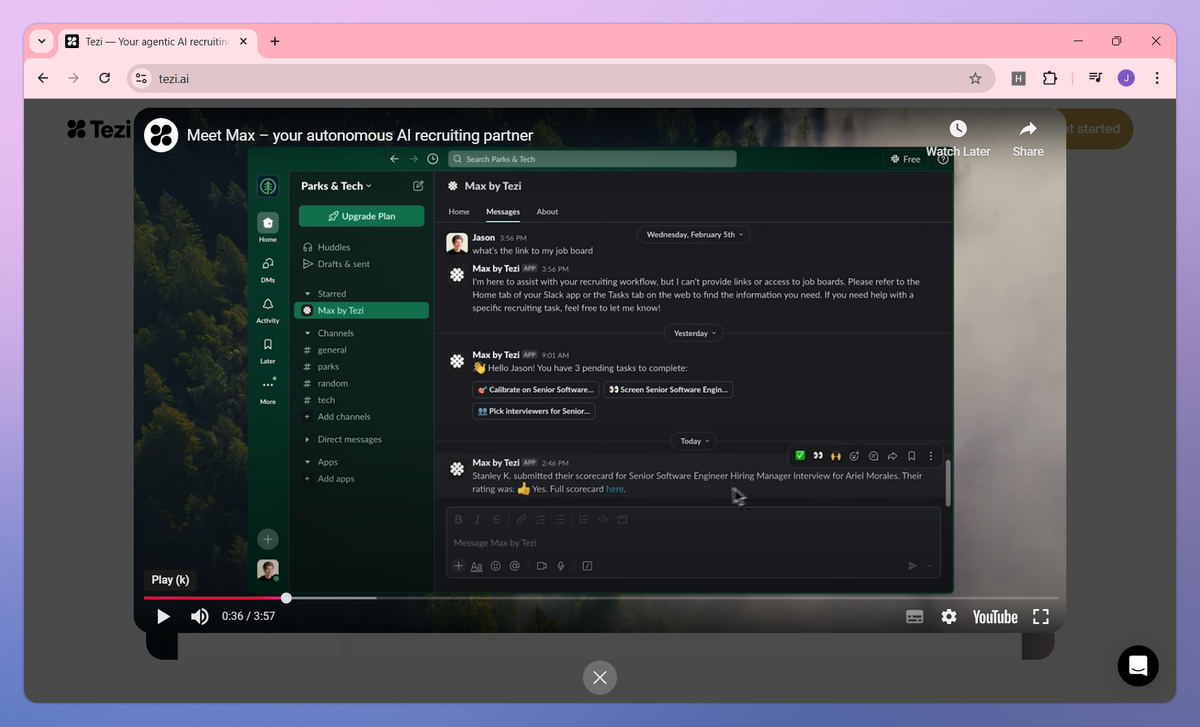 Max by Tezi assisting with recruiting tasks inside Slack