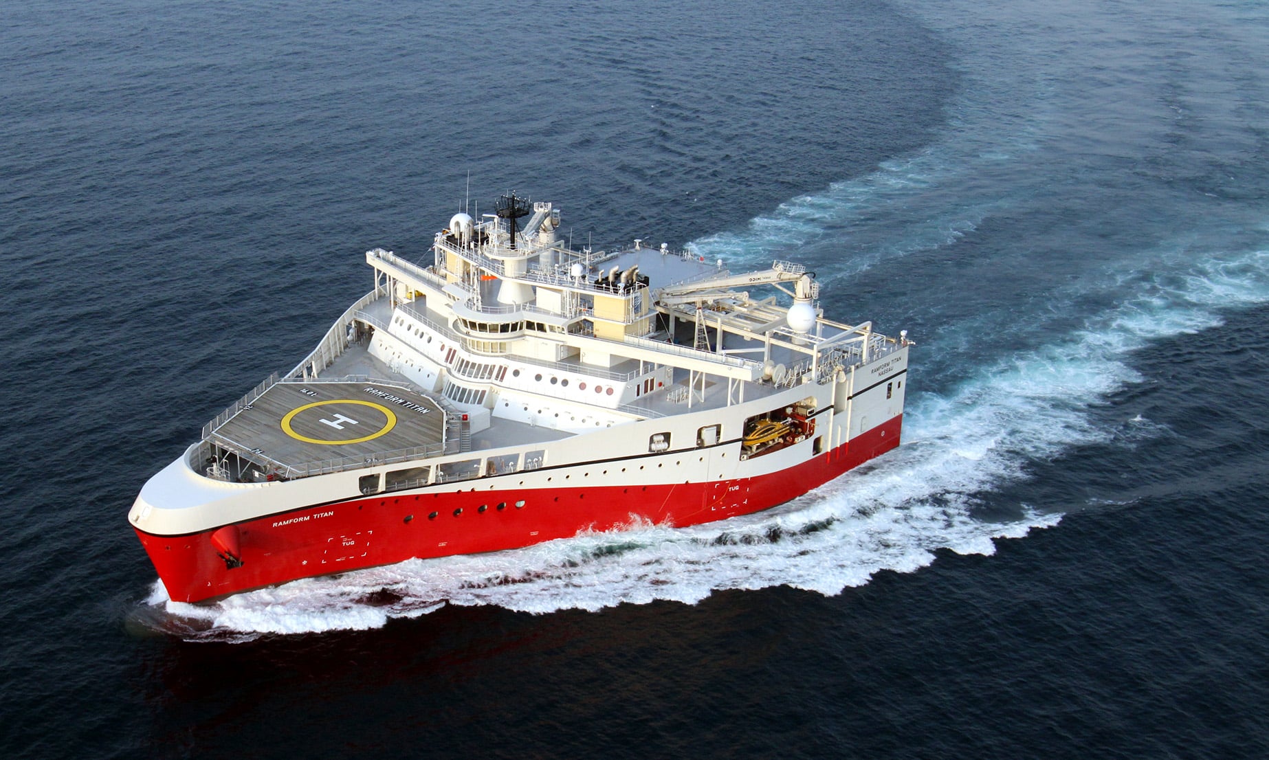 Ramform Titan seismic survey vessel underway, with its name visible on the bow