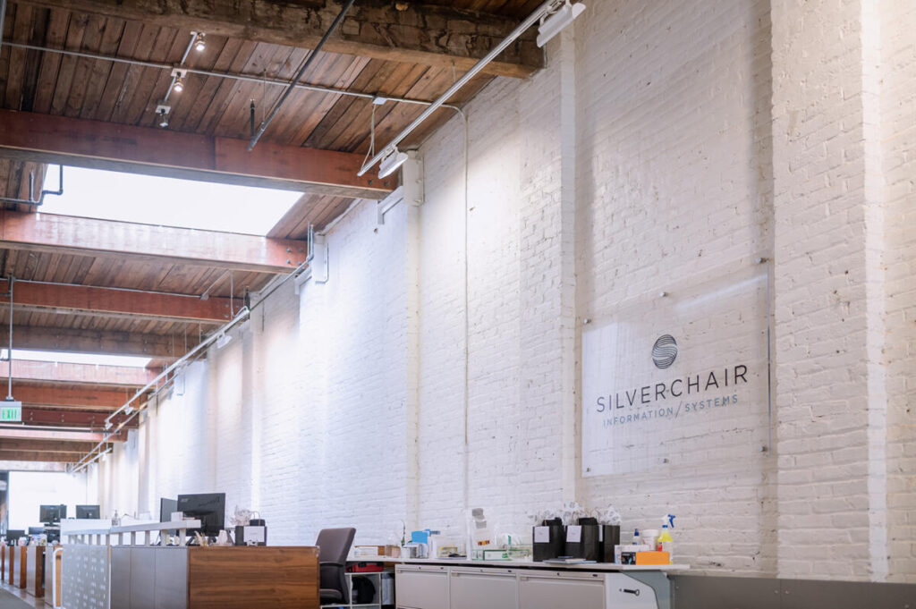 The bright interior of Silverchair’s former Hardware Store office in Charlottesville