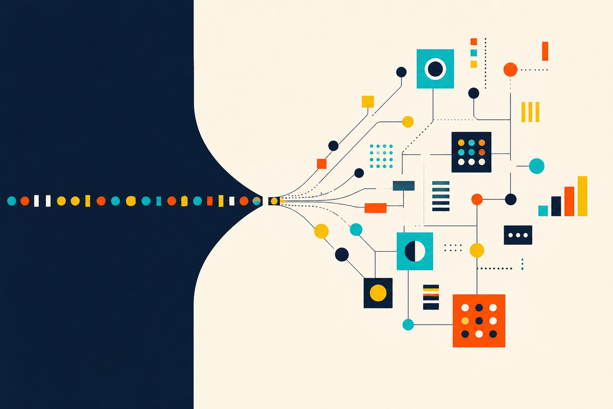 Abstract geometric illustration of a narrow stream opening into a broad network of technology businesses